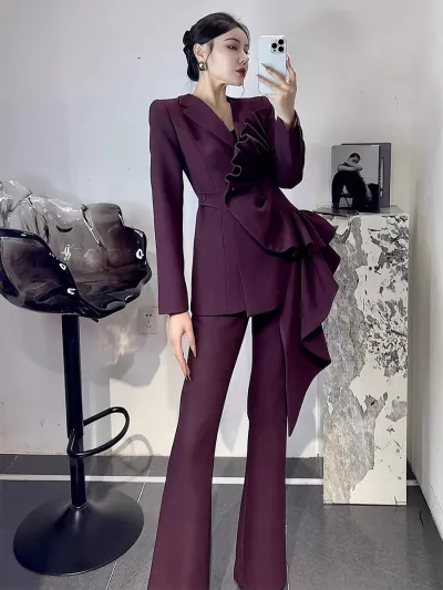 Women Fashion Elegant Solid Color Irregular Long-Sleeve Blazer Micro-Flared Pants Two-Piece Set