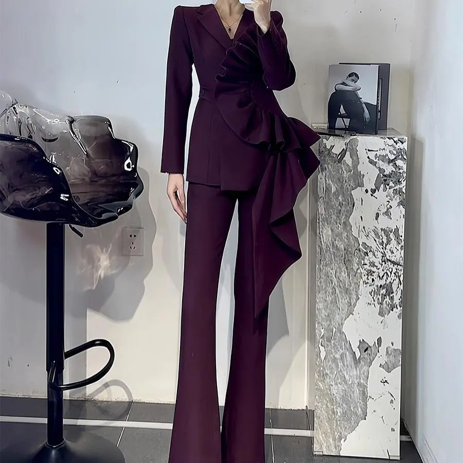 Women Fashion Elegant Solid Color Irregular Long-Sleeve Blazer Micro-Flared Pants Two-Piece Set