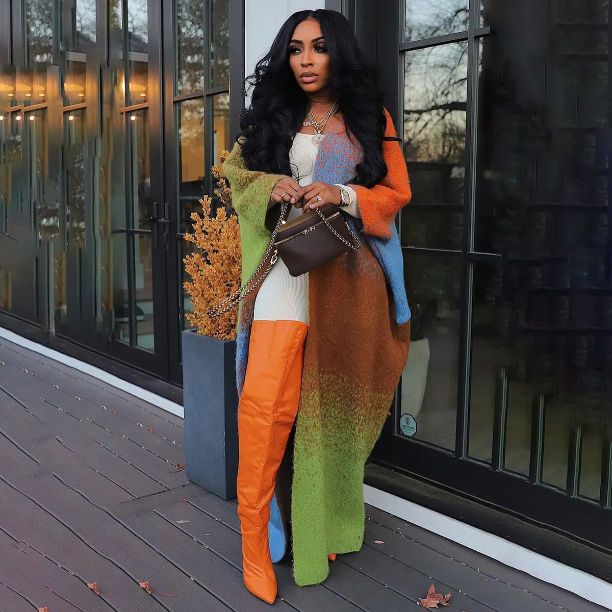 Women Fashion Casual Contrast Color Loose Knitted Long Sleeve Coat