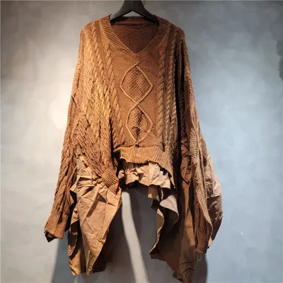 Women Fashion Casual Solid Color Twist Woven Stitching Ruffled V-Neck Bat Long Sleeve Sweater