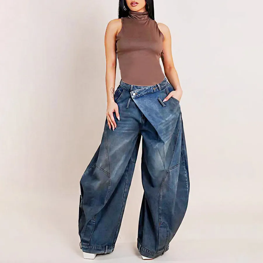 Women Fashion Casual Solid Color Loose Jeans
