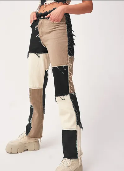Women Fashion Casual Color Block Stitching High Waist Tight Straight Jeans