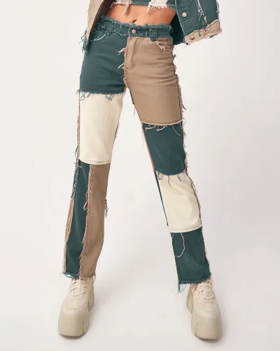 Women Fashion Casual Color Block Stitching High Waist Tight Straight Jeans