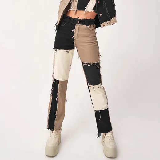 Women Fashion Casual Color Block Stitching High Waist Tight Straight Jeans