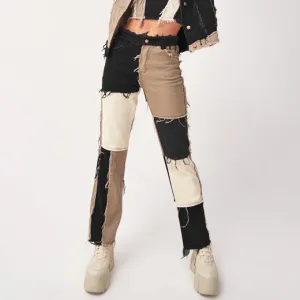 Women Fashion Casual Color Block Stitching High Waist Tight Straight Jeans