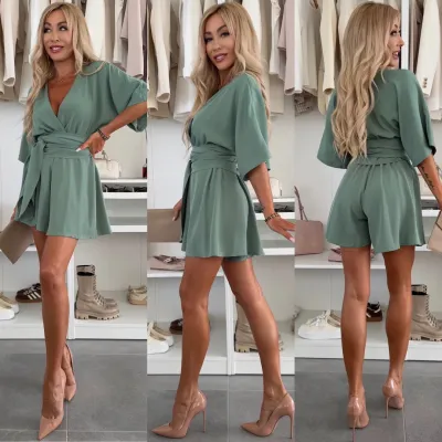 Women Elegant Solid Color V-Neck Romper Dress