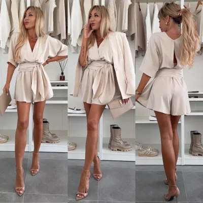Women Elegant Solid Color V-Neck Romper Dress