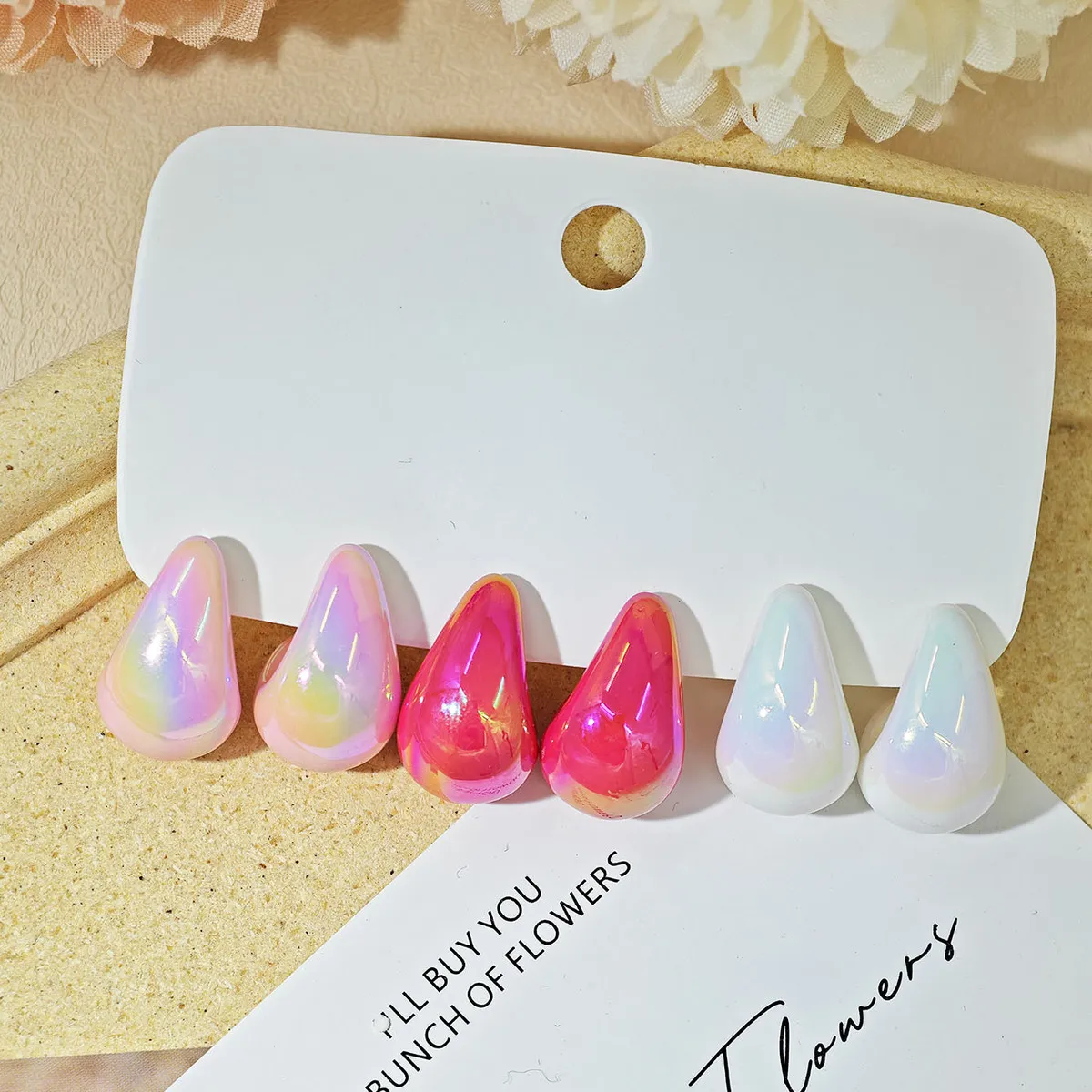 Women Fashion Solid Color Resin Water Drop Earrings 3-Pair Set