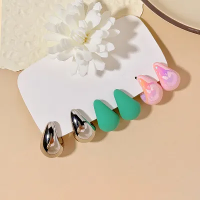 Women Fashion Solid Color Resin Water Drop Earrings 3-Pair Set
