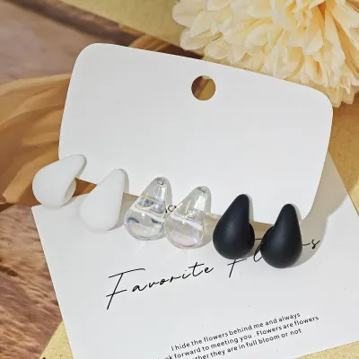 Women Fashion Solid Color Resin Water Drop Earrings 3-Pair Set