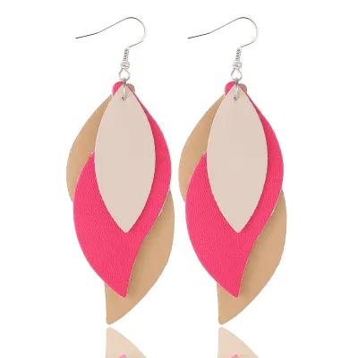 Women Fashion Pu Leather Triple Leaf Shape Earrings