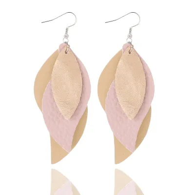 Women Fashion Pu Leather Triple Leaf Shape Earrings