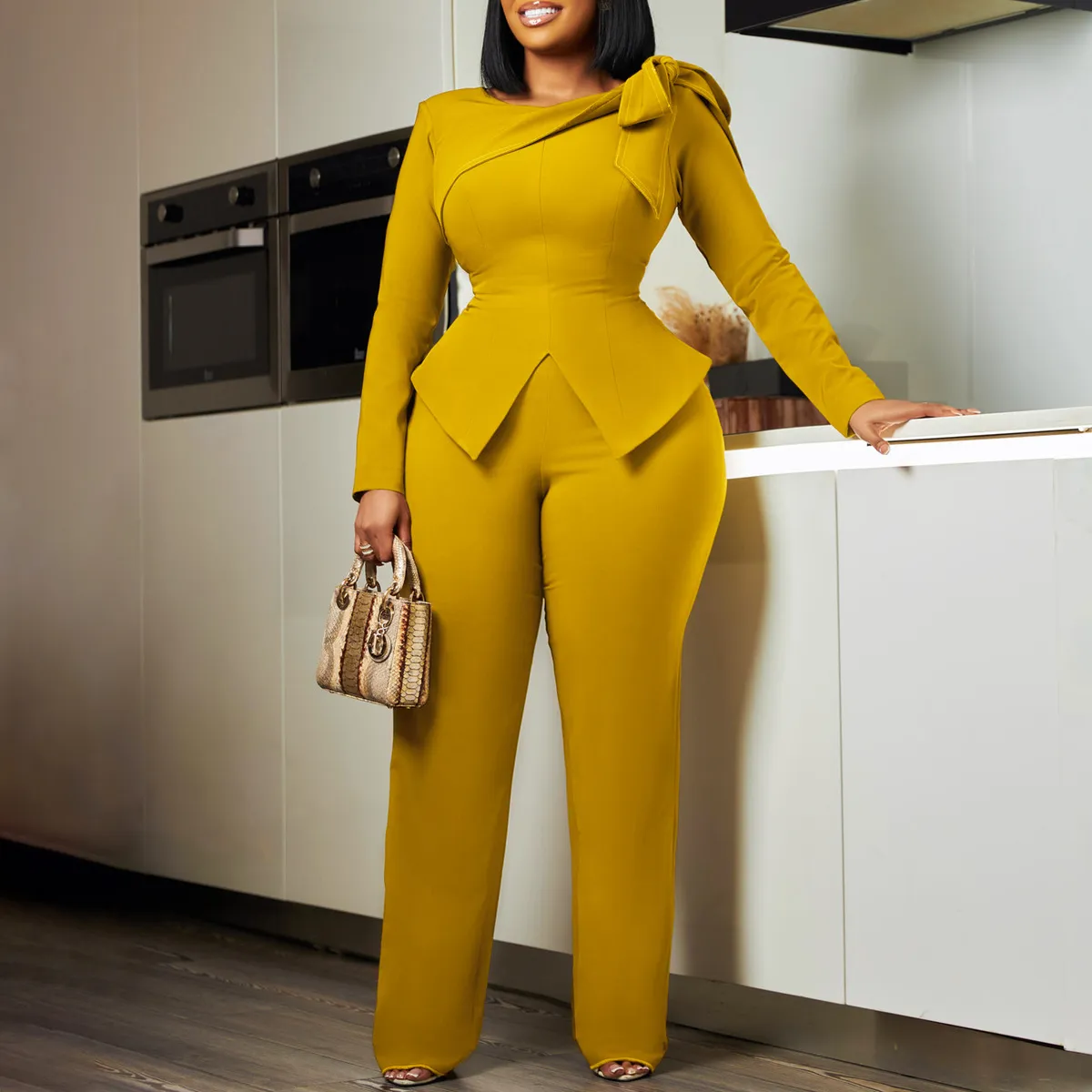 Women Elegant Solid Color Long Sleeve Lace-Up Top Slim Fit Pants Set
