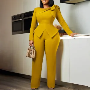 Women Elegant Solid Color Long Sleeve Lace-Up Top Slim Fit Pants Set