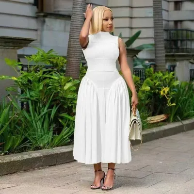 Women Fashion Elegant Solid Color Pleated Stitching Sleeveless Loose Midi Dress