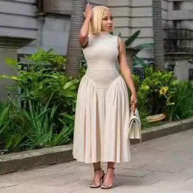 Women Fashion Elegant Solid Color Pleated Stitching Sleeveless Loose Midi Dress