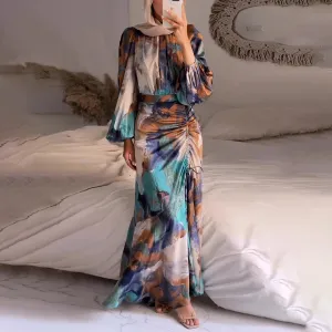 Women Fashion Tie-Dye Pleated Lantern Sleeve Loose Maxi Dress