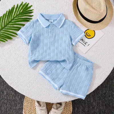 Baby Boy Fashion Simple Solid Color Jacquard Lapel Short Sleeve Top Loose Shorts Two-Piece Set Outfit