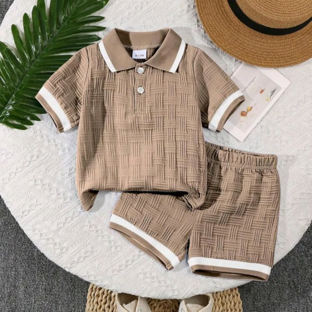 Baby Boy Fashion Simple Solid Color Jacquard Lapel Short Sleeve Top Loose Shorts Two-Piece Set Outfit