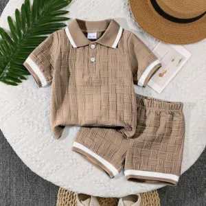Baby Boy Fashion Simple Solid Color Jacquard Lapel Short Sleeve Top Loose Shorts Two-Piece Set Outfit