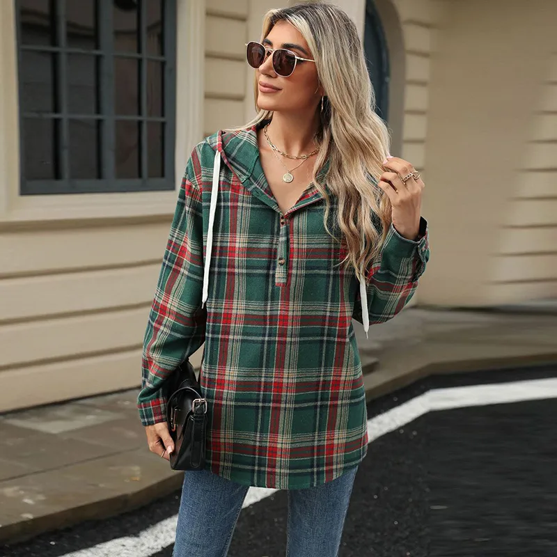 Women Casual Autumn Winter Loose Fit Long Sleeve Hooded Button Plaid Rayon Coat
