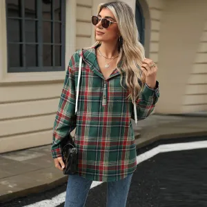 Women Casual Autumn Winter Loose Fit Long Sleeve Hooded Button Plaid Rayon Coat