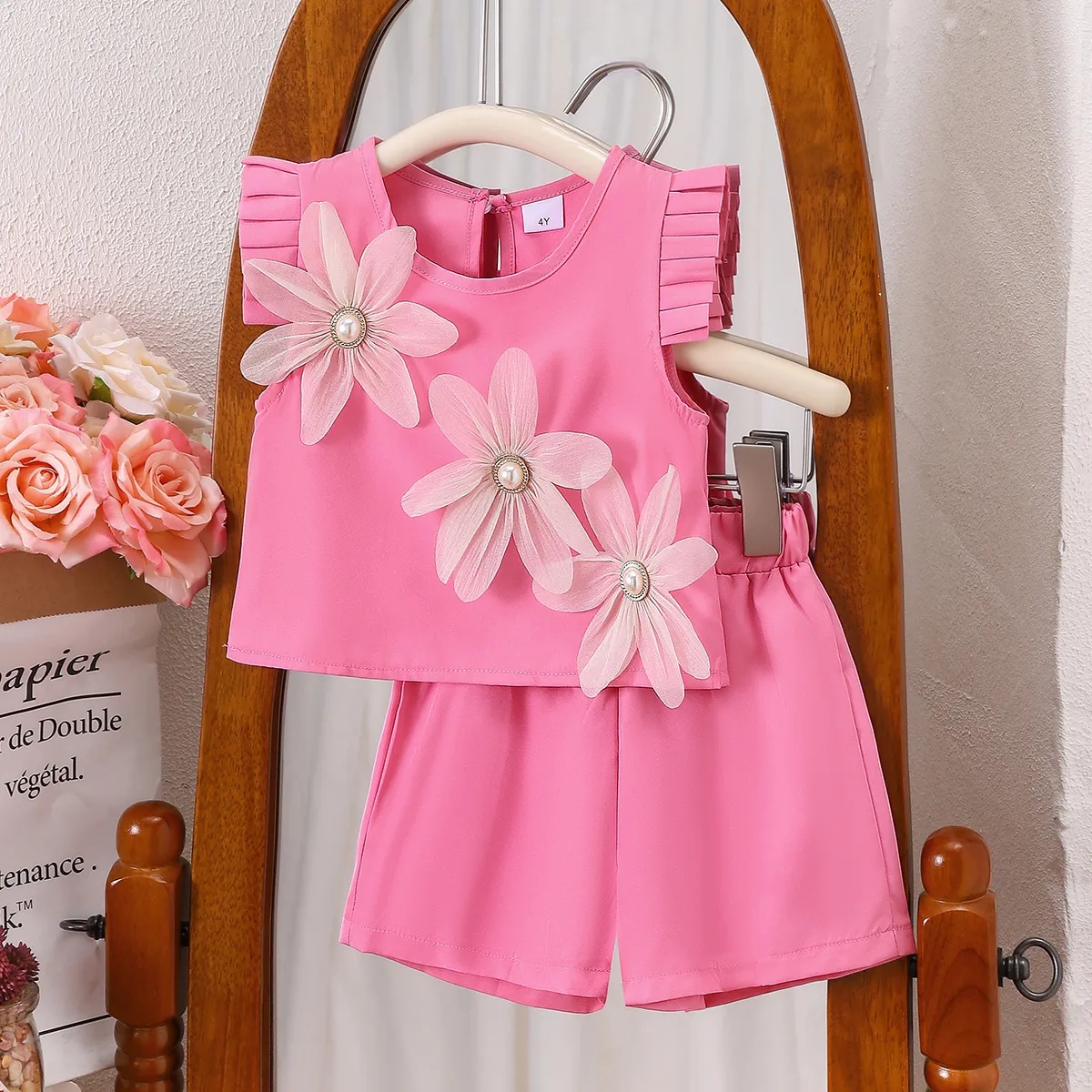 Girls Elegant Solid Color Floral Flying Sleeve Top Loose Shorts Two-Piece Set