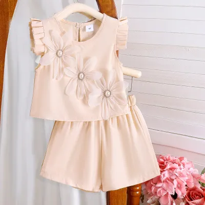 Girls Elegant Solid Color Floral Flying Sleeve Top Loose Shorts Two-Piece Set