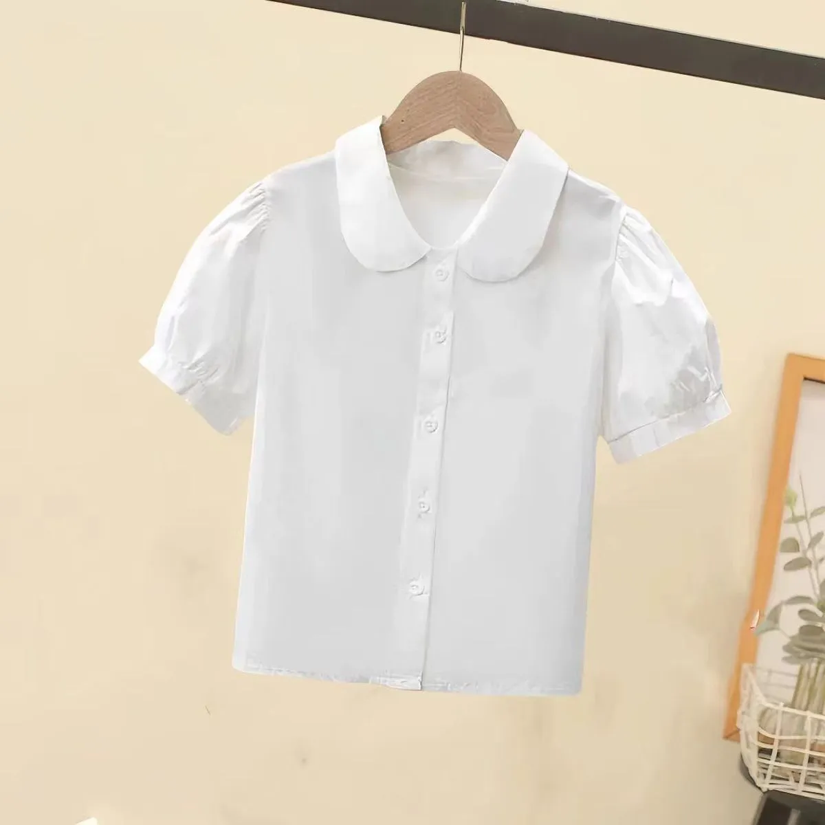 Girls Lapel Solid Color Short-Sleeve Cotton Blouse for Casual Wear