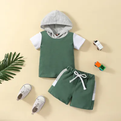 Boy Fashion Casual Contrast Color Short-Sleeve Hoodies with Loose Waist Shorts Two-Piece Set