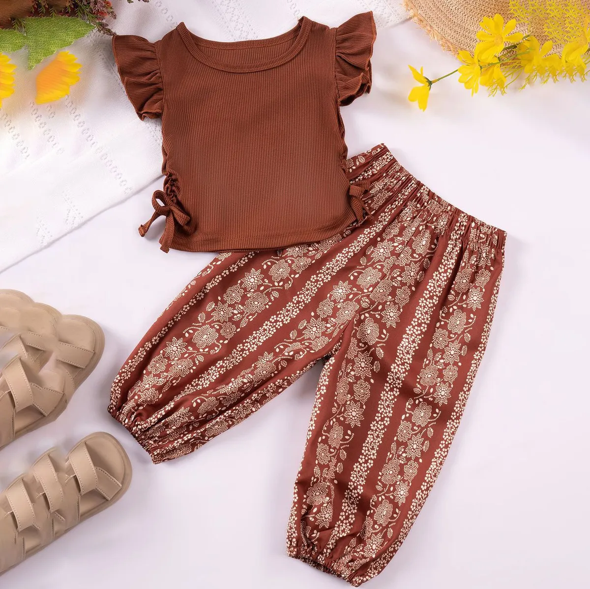Girls Fashion Casual Sleeveless Stripe and Solid Color Two-Piece Pants Set