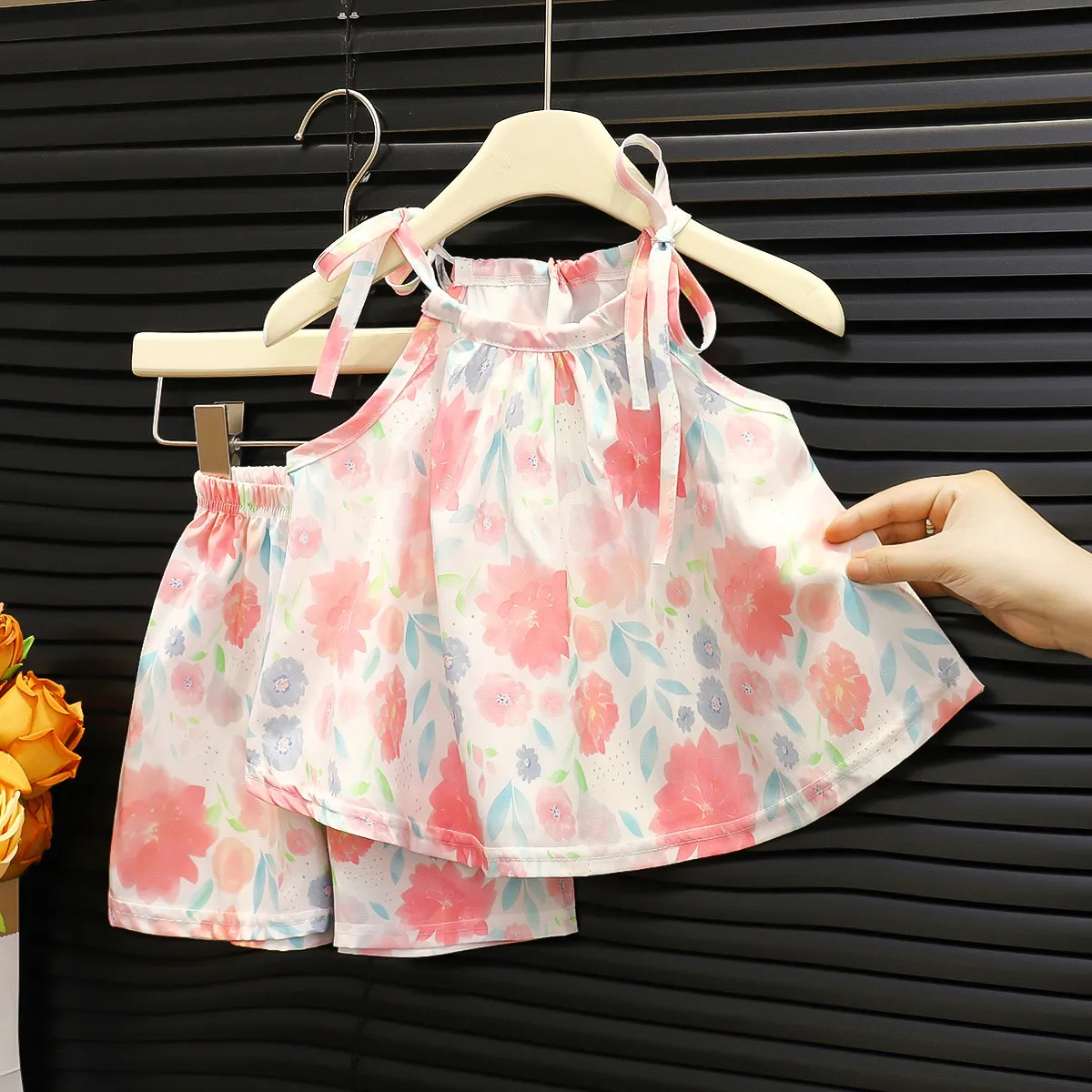 Girls Sweet Floral Print Two-Piece Set Sleeveless Pullover Shorts Set for Kids 3-14T