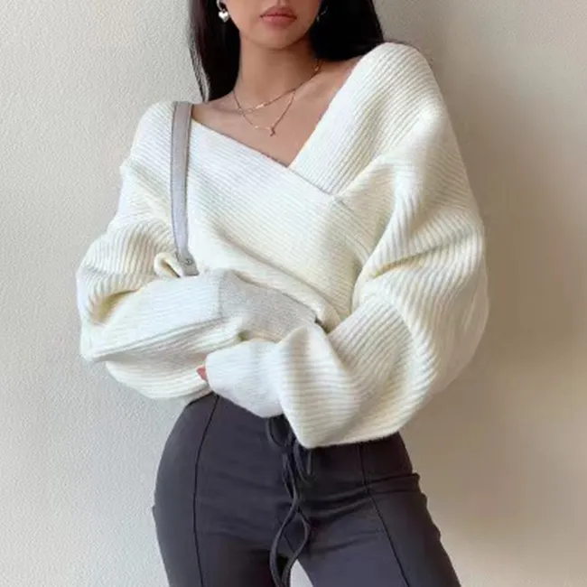 Women Autumn Winter V-Neck Solid Color Long Sleeve Knitted Pullover Sweater
