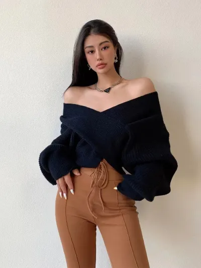 Women Autumn Winter V-Neck Solid Color Long Sleeve Knitted Pullover Sweater