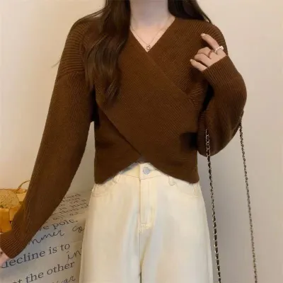 Women Autumn Winter V-Neck Solid Color Long Sleeve Knitted Pullover Sweater