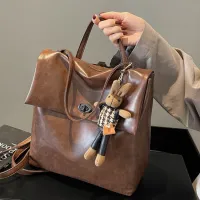 Women Vintage Stone Print Large Capacity Zip Handle Shoulder Bag