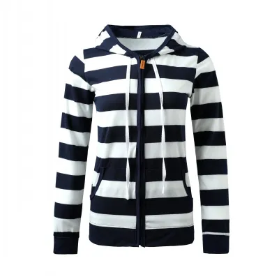 Autumn Winter Casual Long Sleeve Zipper Stripe Hoodie Cardigan