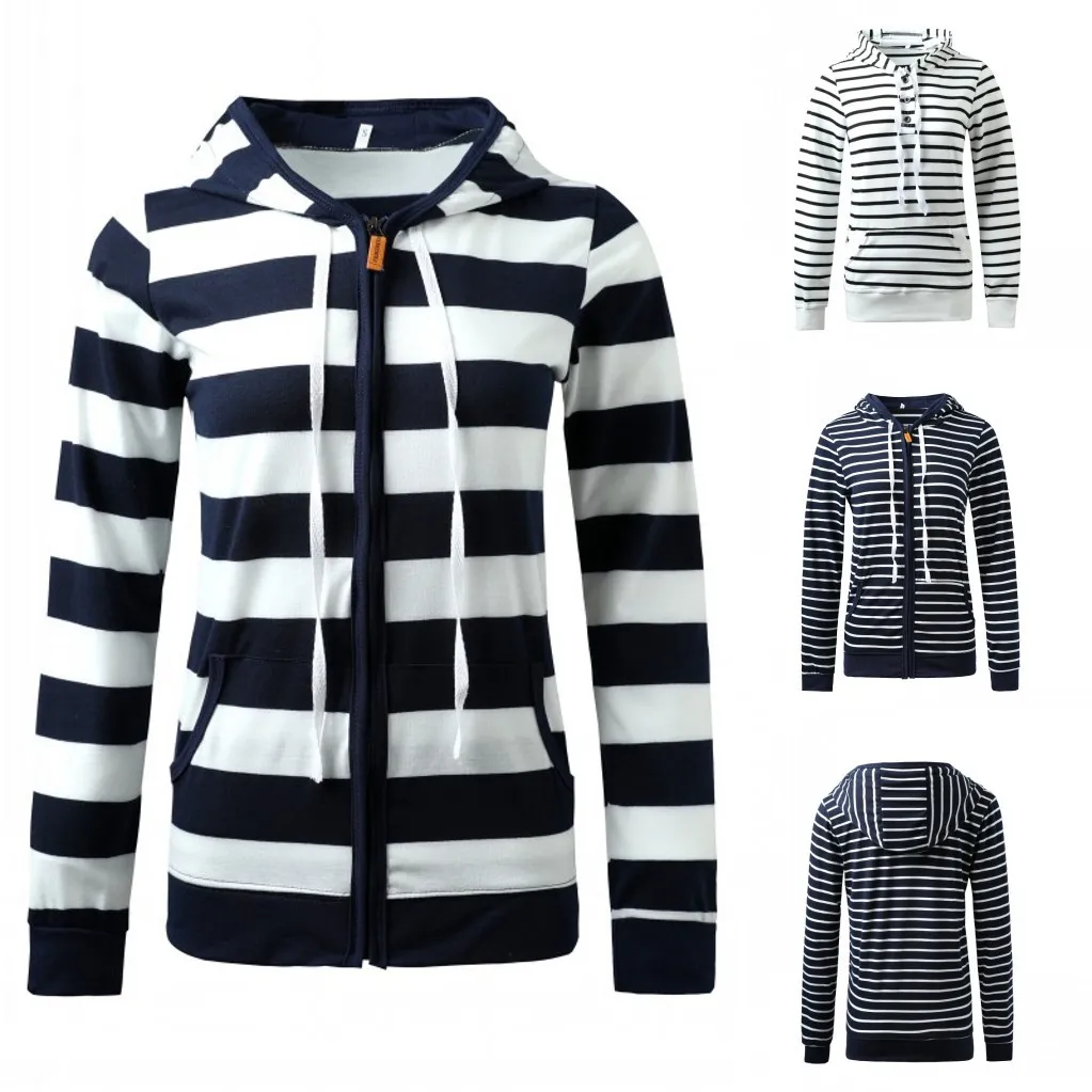 Autumn Winter Casual Long Sleeve Zipper Stripe Hoodie Cardigan