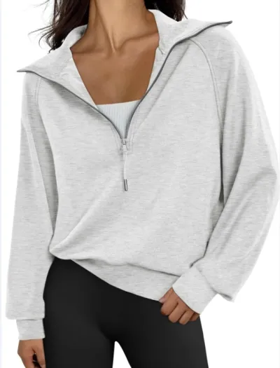 Fall Winter Women Half Zipper Fleece-Lined Pullover Sweatshirt Solid Color