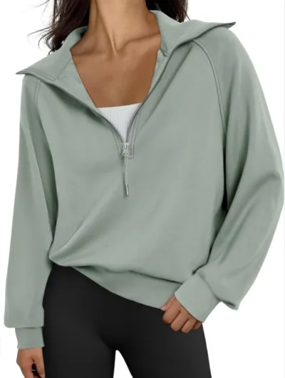 Fall Winter Women Half Zipper Fleece-Lined Pullover Sweatshirt Solid Color