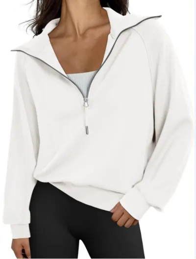 Fall Winter Women Half Zipper Fleece-Lined Pullover Sweatshirt Solid Color