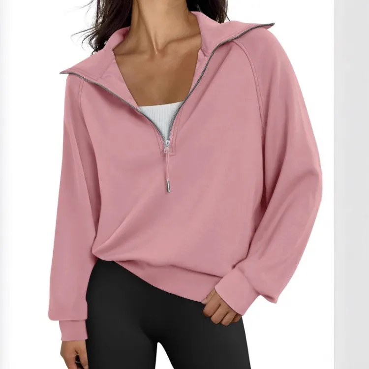 Fall Winter Women Half Zipper Fleece-Lined Pullover Sweatshirt Solid Color