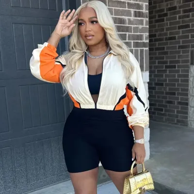 Fashion Women Contrast Color Zipper Long-Sleeved Slim-Fit Shorts Sports Two-Piece Set