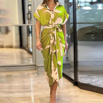 Women Casual Commuter Wind Solid Color Single-Breasted Shirt Dress