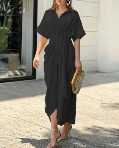 Women Casual Commuter Wind Solid Color Single-Breasted Shirt Dress