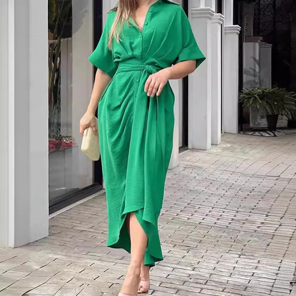Women Casual Commuter Wind Solid Color Single-Breasted Shirt Dress