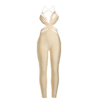 Women Fashion Sexy Contrast Color Crossover Backless Mid-Waist Jumpsuits