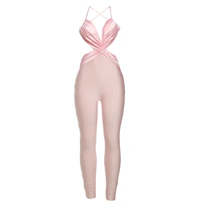 Women Fashion Sexy Contrast Color Crossover Backless Mid-Waist Jumpsuits