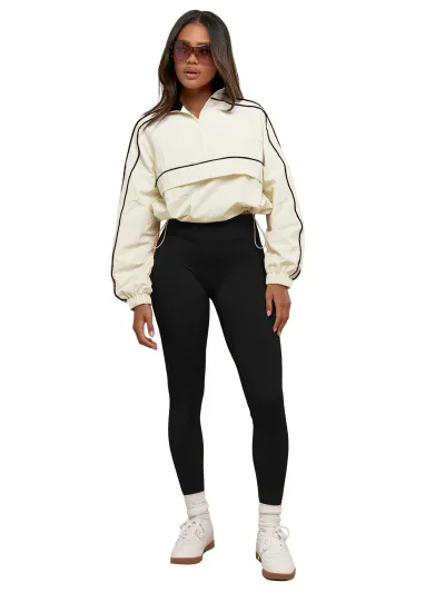 Women Athleisure Lapel Long-Sleeve Drawstring Top Tight Waist Pants Two-Piece Set