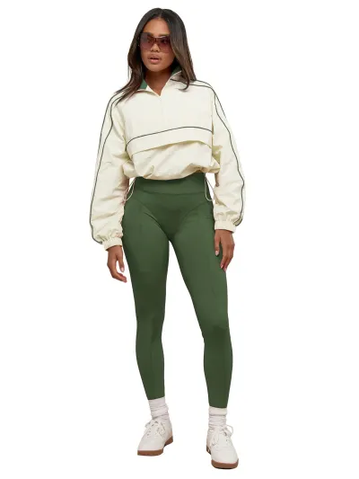 Women Athleisure Lapel Long-Sleeve Drawstring Top Tight Waist Pants Two-Piece Set